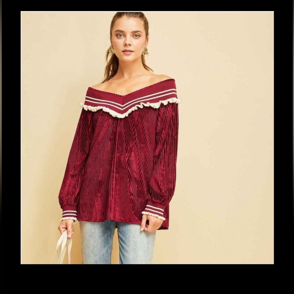 Entro Burgundy Off-Shoulder Blouse with Lace Trim